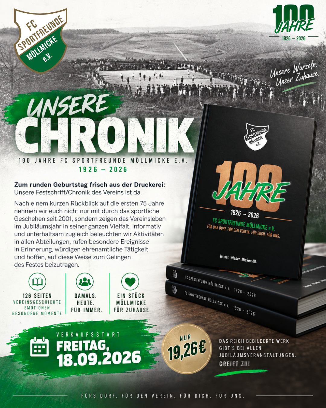 Titelseite der Chronik „100 Jahre FC Sportfreunde Möllmicke 1926–2026“