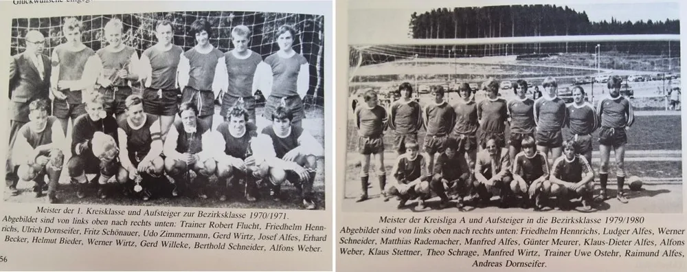 Mannschaftsfotos der Aufstiegsmeister von 1971 und 1980, abgedruckt in der Chronik